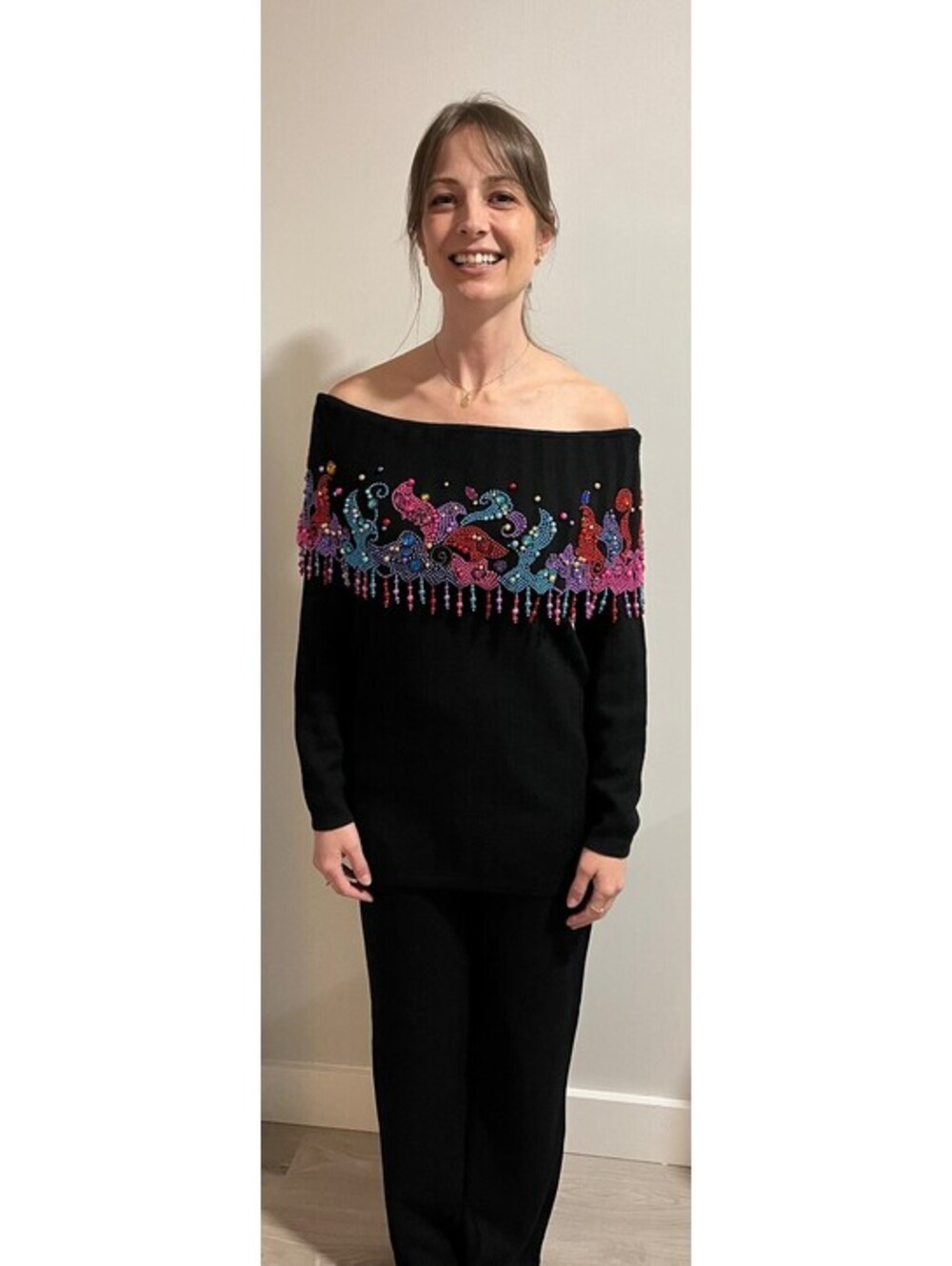 Vintage Diane Freis Knits Merino Wool Beaded Art Sweater Off Shoulder Animal S/M